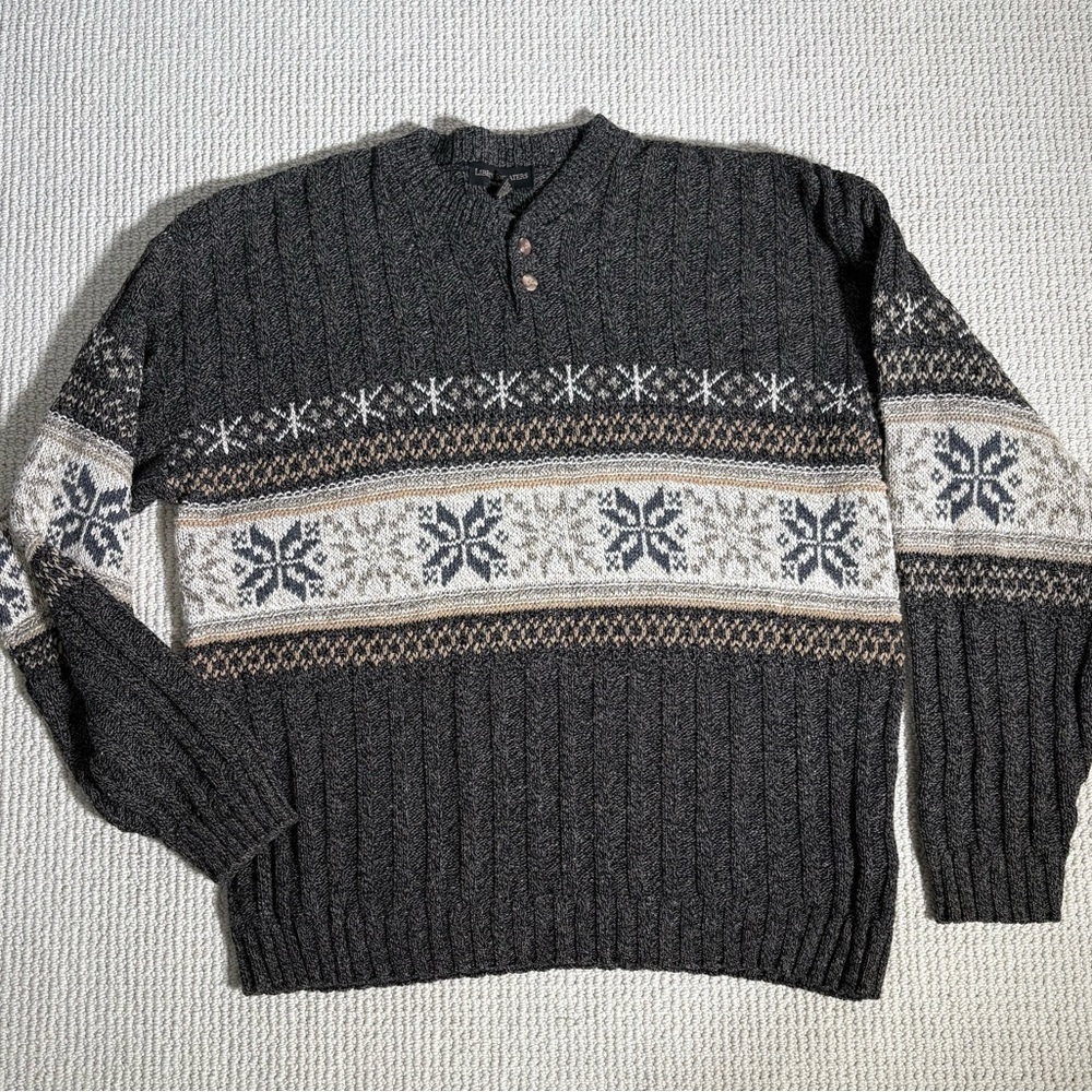 Vintage Liberty Sweaters Fair Isle Pullover Cable Knit Henley Gray & Tan Men’s L